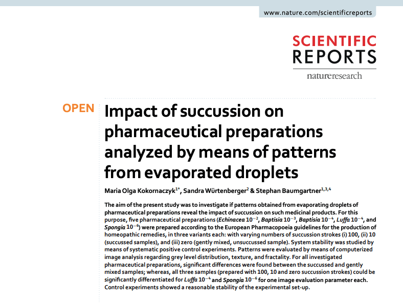 screenshot dello studio di scentific report sulla succussione dei medicinali omeopatici