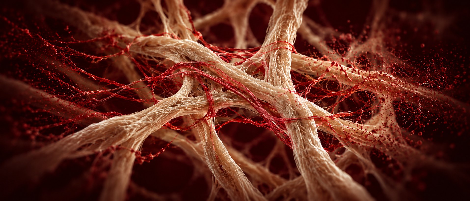 Rappresentazione di una rete di collagene in cui fibre nuove si formano e altre si degradano