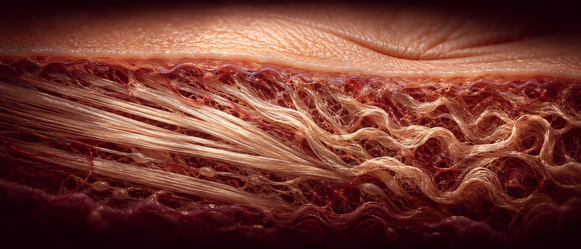 Rappresentazione delle fibre di collagene nel derma, sotto una piega della pelle vicino all’occhio