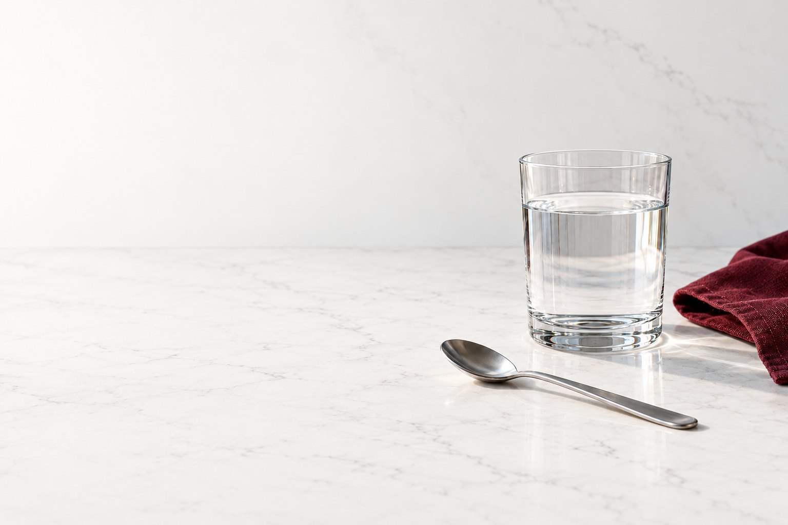 Bicchiere d’acqua con il cucchiaino per sciogliere la bustina giornaliera del Patto Collagene